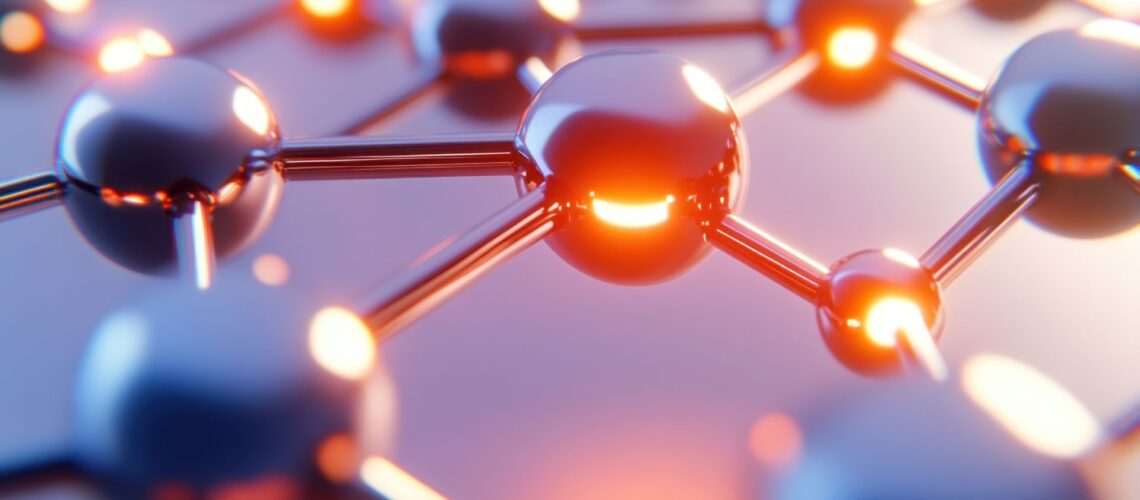 Abstract molecular structure with interconnected nodes representing heart centred leadership connections and collaboration