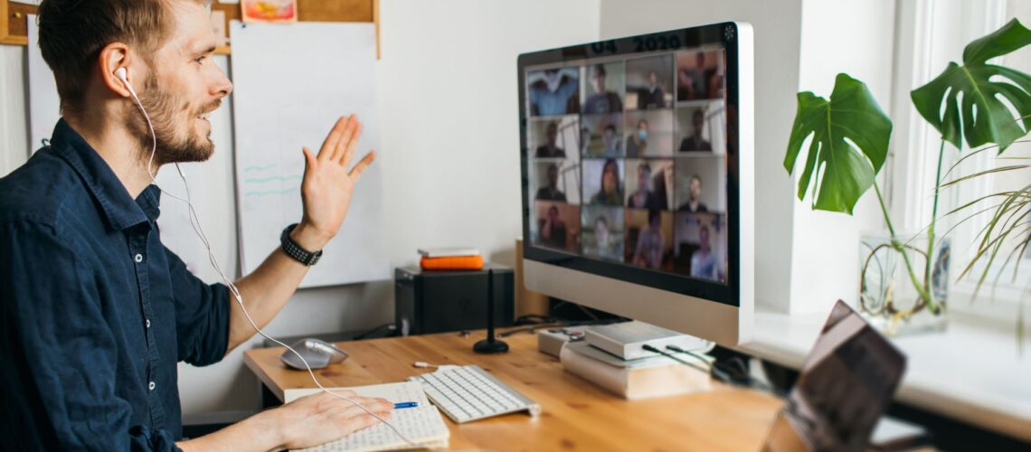 Remote team members connecting virtually with brand values in focus