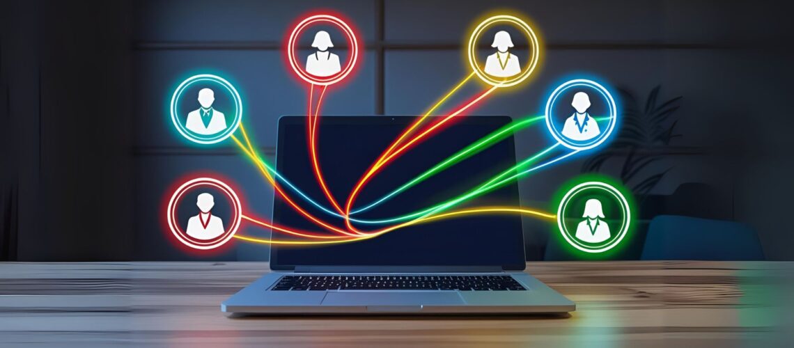Illustration of a laptop on a desk with glowing red, yellow, green, and blue lines connecting to icons representing remote team members, symbolising Insights Discovery colour energies for virtual team collaboration.