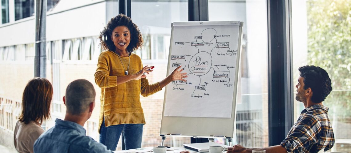 diverse business team meeting change management strategy discussion modern office