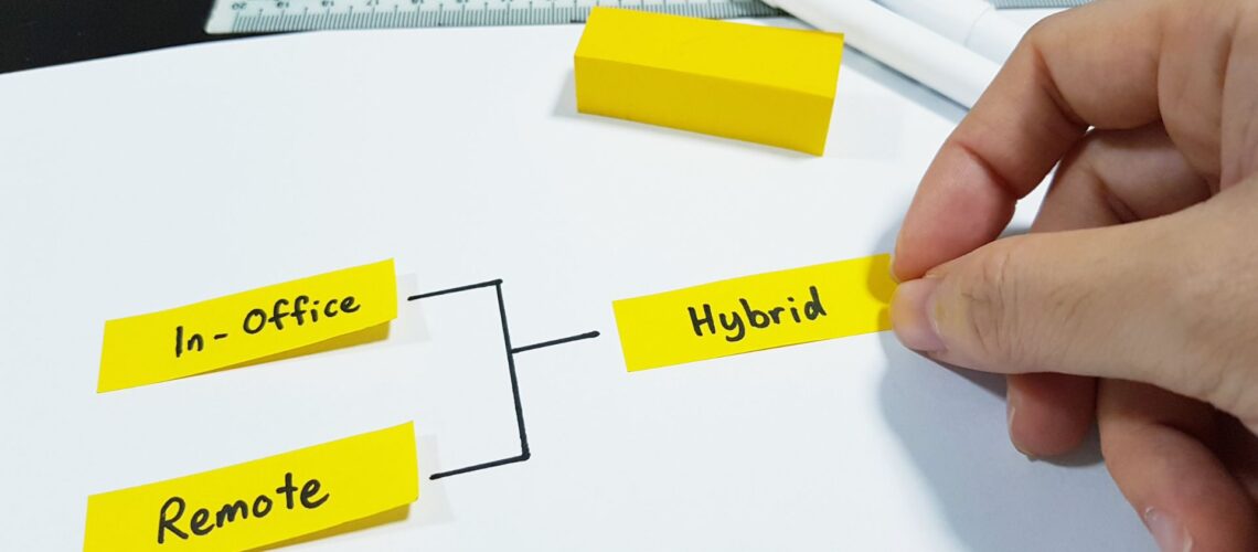 Hybrid work model concept diagram showing connection between in-office and remote work arrangements