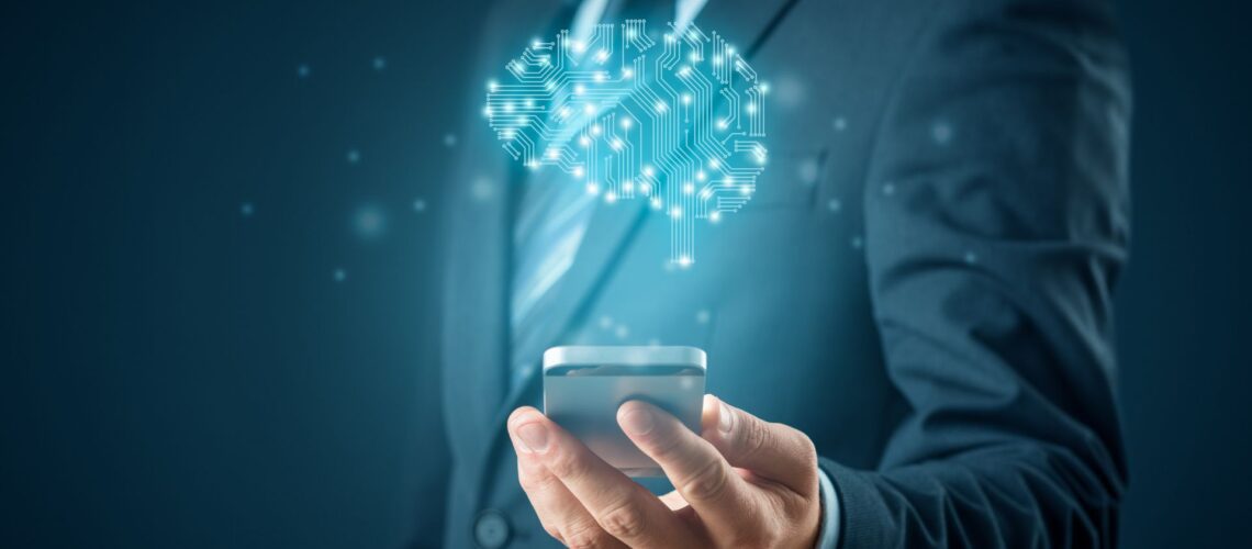 Business professional holding transparent device with glowing digital brain circuit pattern, representing human leadership and accountability in AI governance