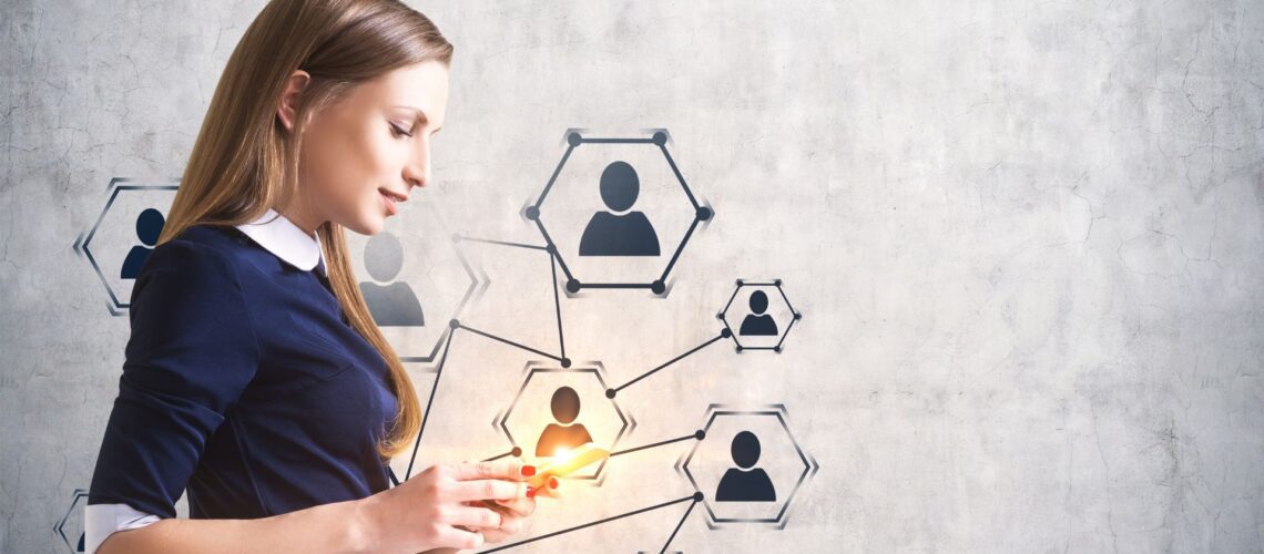 Professional woman connecting team network icons representing collaborative leadership and cross-functional team management