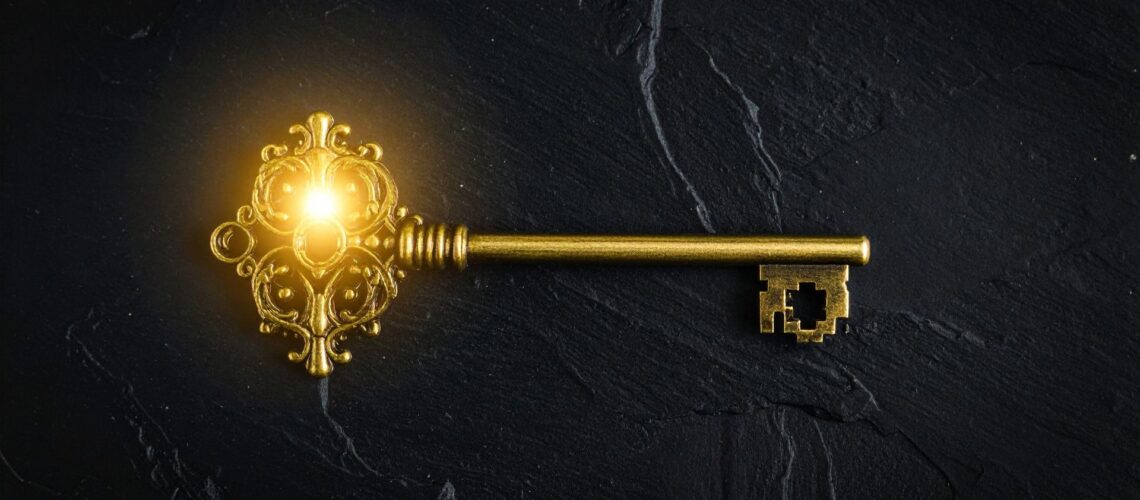 Ornate golden key with glowing light representing unlocking potential and empowering ownership in leadership