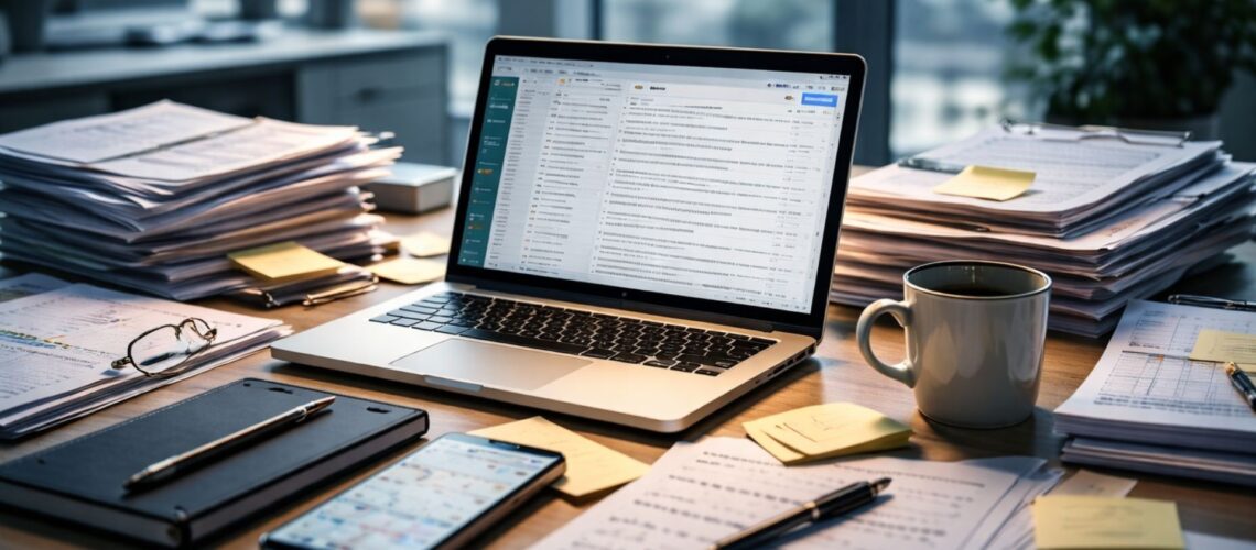 Overloaded desk with laptop, paperwork and notifications showing the pressure of reactive management