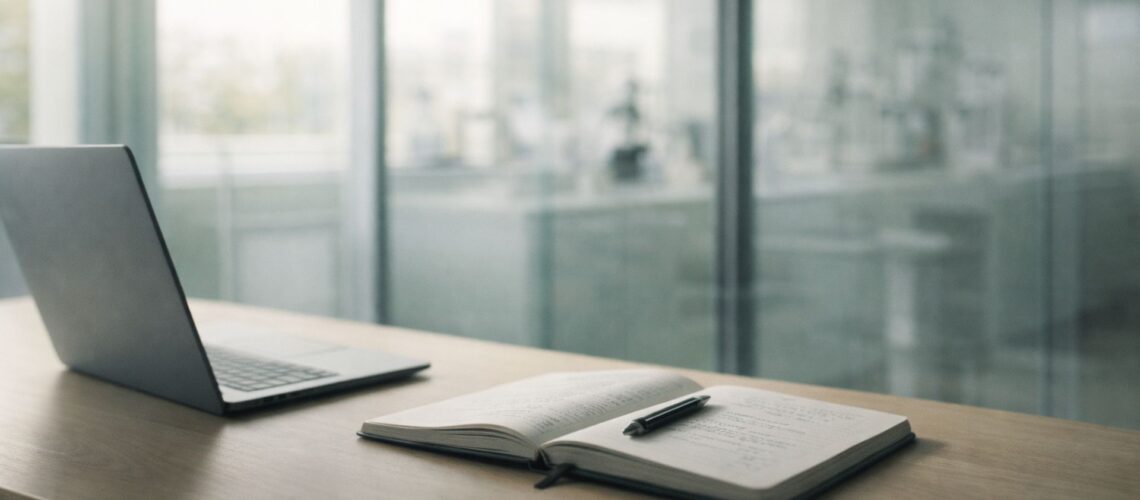 An open notebook and laptop on a desk in a life sciences office, suggesting a moment of quiet reflection and considered leadership